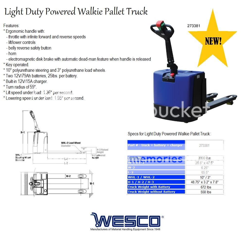 Wesco Light Duty Powered Walkie Pallet Jack Truck 3300  